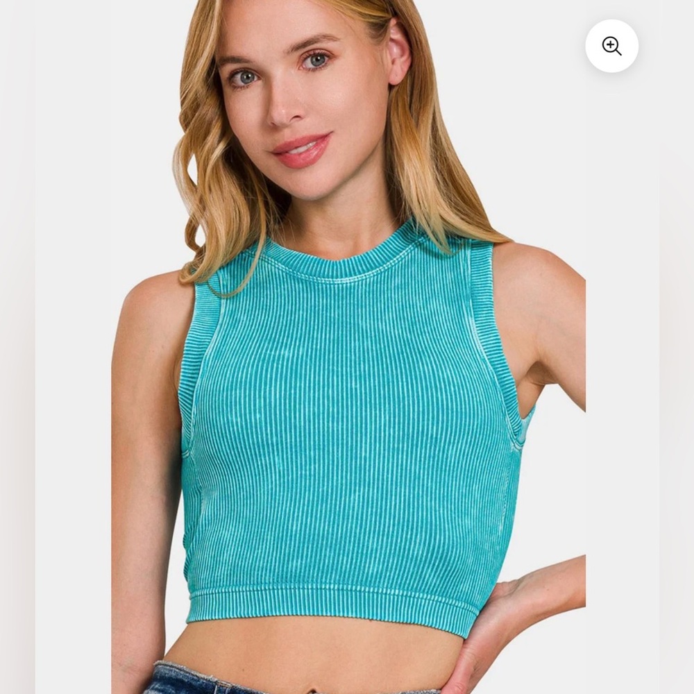ZENANA WASHED RIBBED SEAMLESS CROP TANK WITH BRA PAD IN TEAL SIZE L/XL NWOT